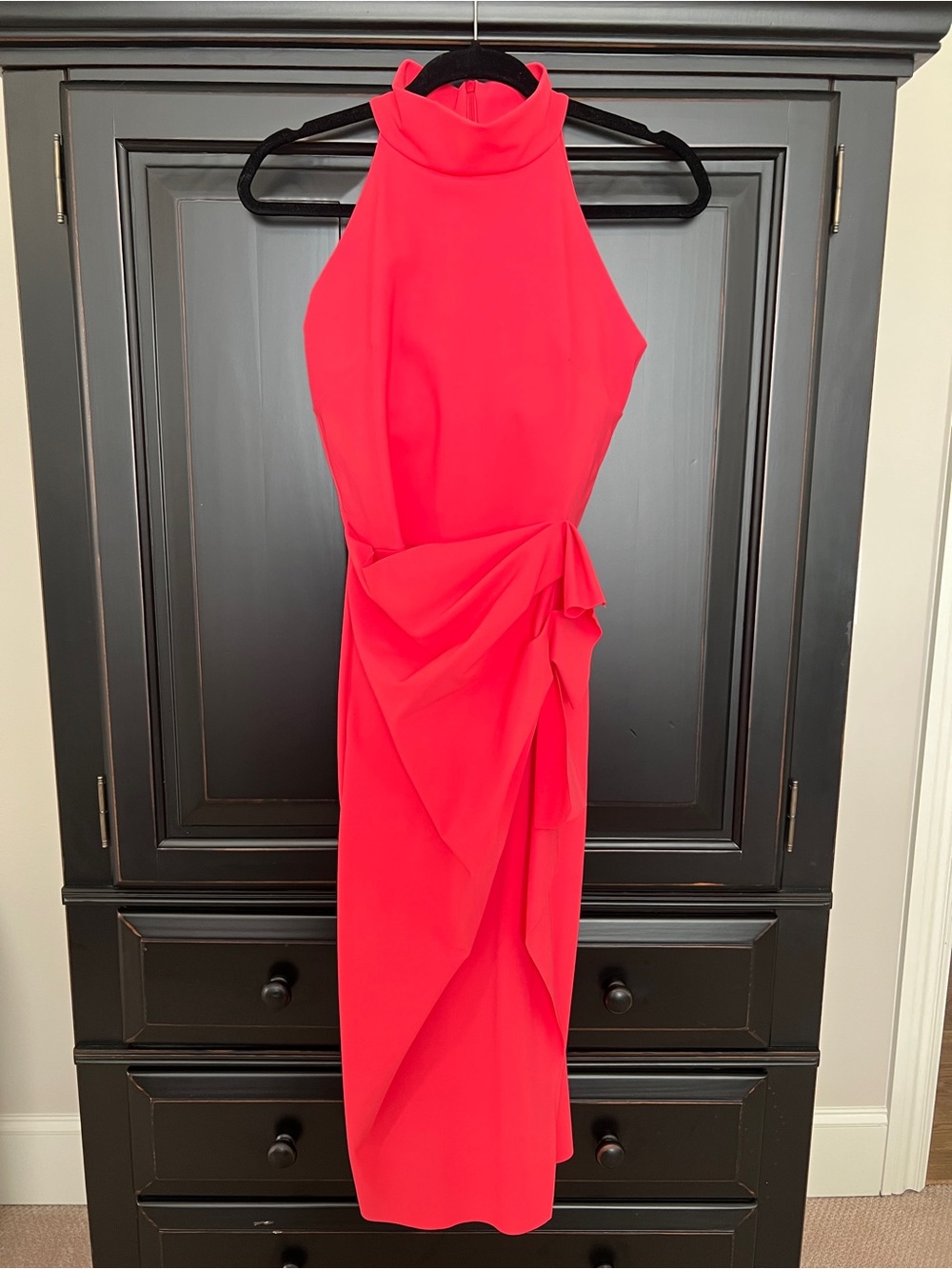 Chiara Boni Coral-Red High-Neck Draped Midi Dress